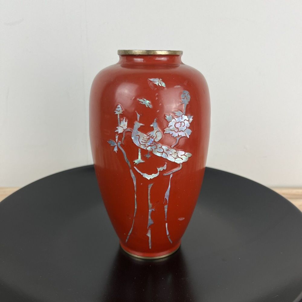 Vintage Asian Brass Red Enamel Mother of Pearl Inlay‎ Small Vase